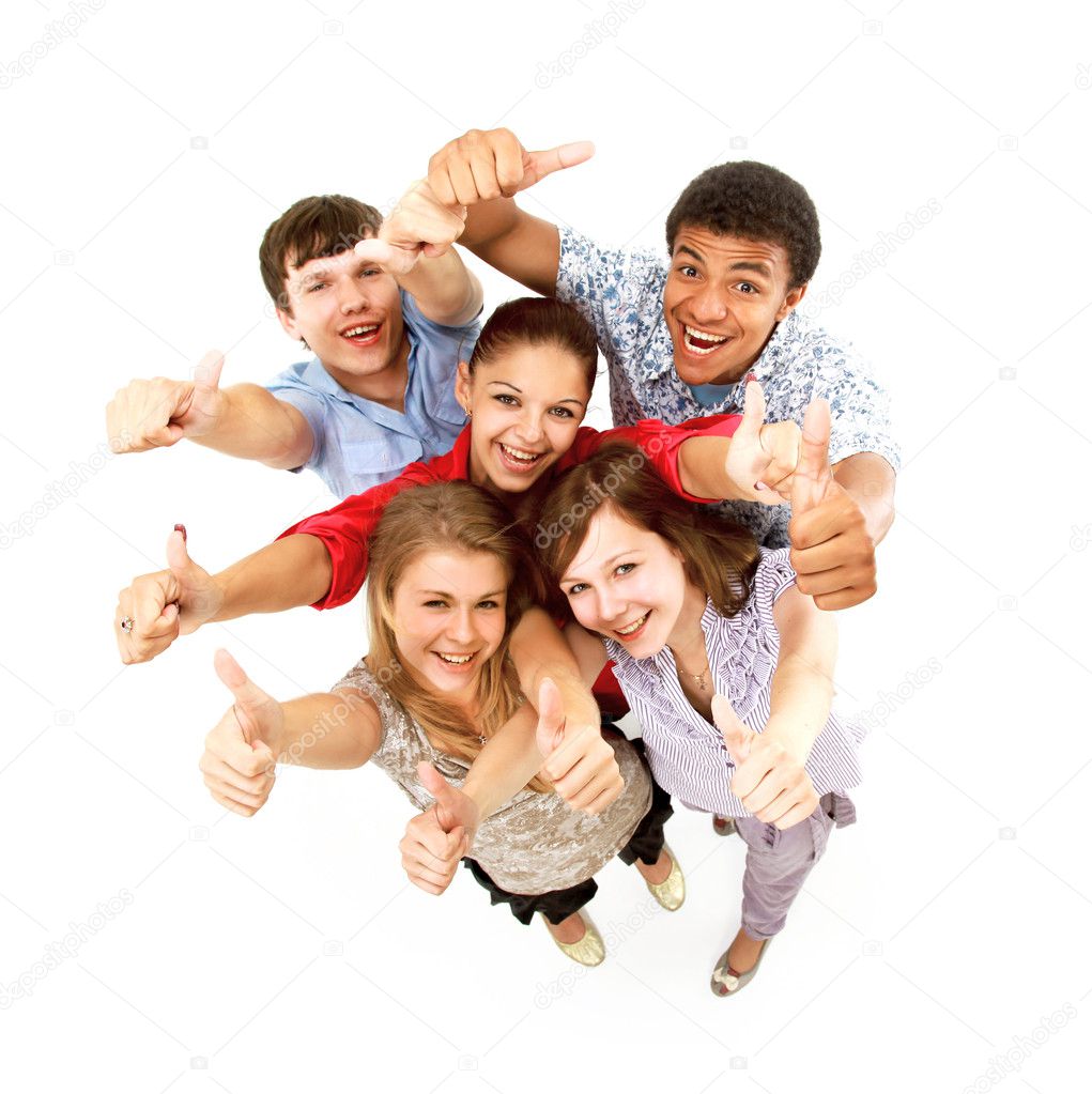 Group of happy joyful friends standing with hands up isolated on white back