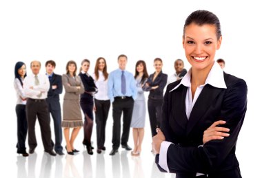Businesswoman and shis team isolated over a white background