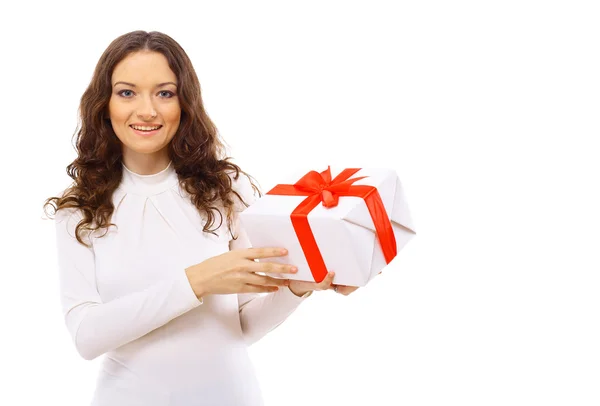 Foto van vrolijke santa helper meisje met geschenkdoos — Stockfoto