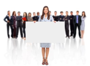 Group of business holding a banner ad isolated on white clipart