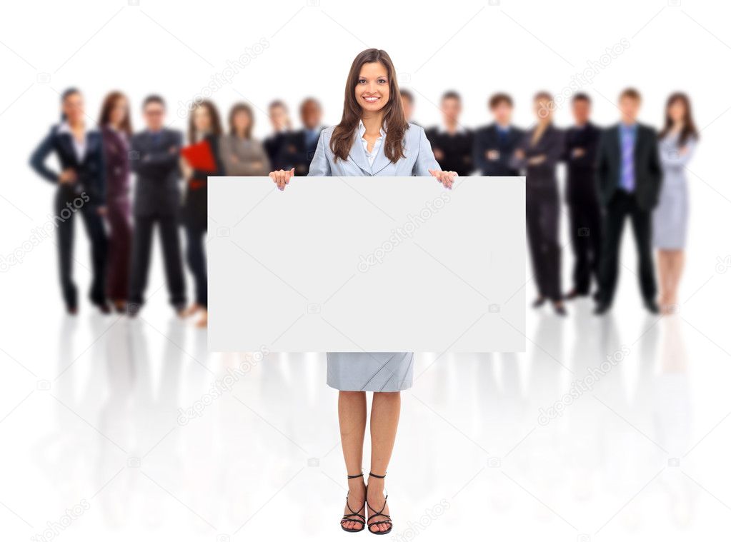 Group of business holding a banner ad isolated on white