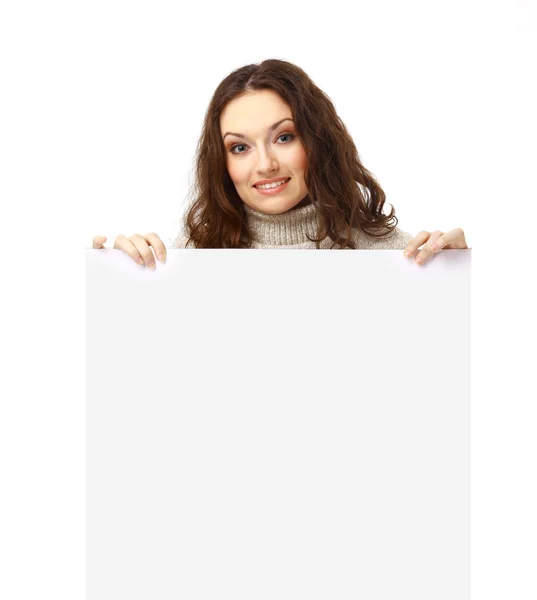 Woman winner showing empty blank sign above her head — Stock Photo, Image