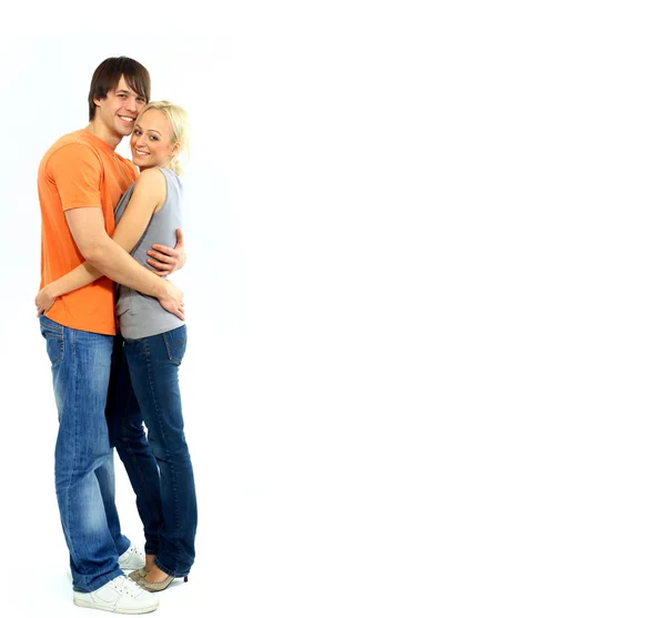 Man Embraces Girl White Background — Stock Photo, Image
