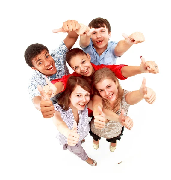Grupp lycklig glada vänner står med händerna upp isolerade på vit baksida — Stockfoto