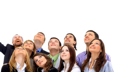 Closeup portrait of many men and women smiling and looking upwards clipart