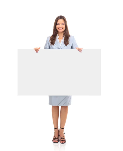 Mulher Negócios Mostrando Placa Sinal Branco — Fotografia de Stock