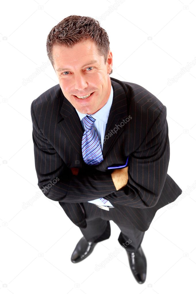 Portrait of a handsome elderly business man standing isolated on white back
