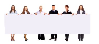 Group of business holding a banner ad isolated on white clipart