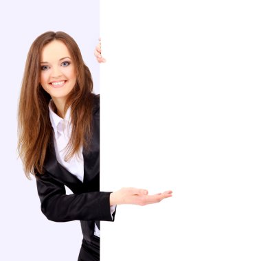 Surpriced woman holding sign - Por clipart