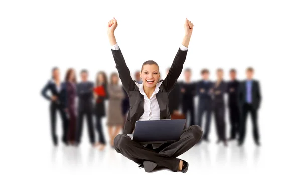 Business Woman Her Hands Raised While Working Laptop — Stock Photo, Image