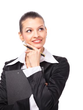 Business woman showing with hand on white s clipart