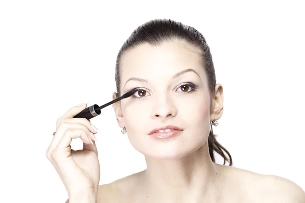 Portrait Jolie Jeune Femme Appliquant Mascara Aide Une Brosse Cils — Photo