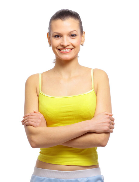 Красивая атлетичная молодая женщина, изолированная на белом
