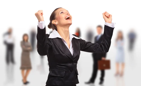 Счастливая деловая женщина на изолированном белом фоне с бизнес-командой — стоковое фото
