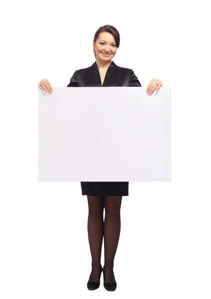 Γυναίκα των επιχειρήσεων δείχνει κενό πινακίδα — Φωτογραφία Αρχείου