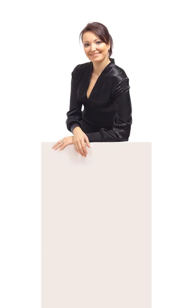 Obchodní žena zobrazeno prázdné vývěsní štít — Stock fotografie