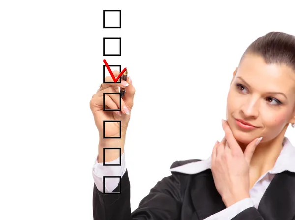Woman choosing one of three options — Stock Photo, Image