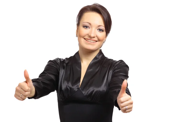 Happy young woman raising hands in joy and freedom against white background — Stock Photo, Image