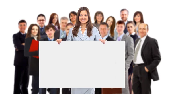 Grupo Negócios Segurando Banner Anúncio Isolado Branco — Fotografia de Stock