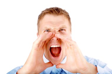 Closeup portrait of a young man screaming out loud on a white background clipart