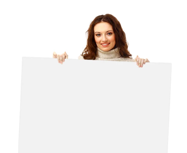 Крупный План Портрета Молодой Деловой Женщины Рекламным Щитом Белом Фоне — стоковое фото