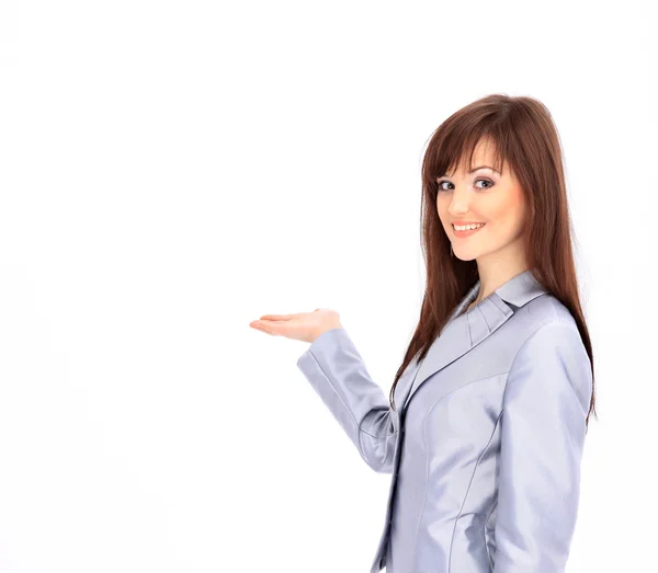 Oung zakenvrouw geïsoleerd op witte achtergrond gebaren van een open hand — Stockfoto
