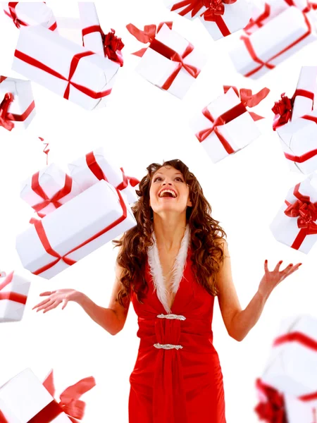 Excited Attractive Woman Many Gift Boxes Bags — Stok fotoğraf