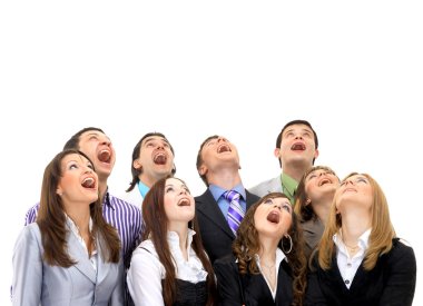 Closeup portrait of many men and women smiling and looking upwards clipart