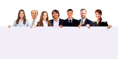 Group of business holding a banner ad isolated on white clipart