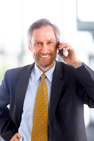 Портрет Крупным Планом Красивого Взрослого Бизнесмена Говорящего Мобильному Телефону — стоковое фото