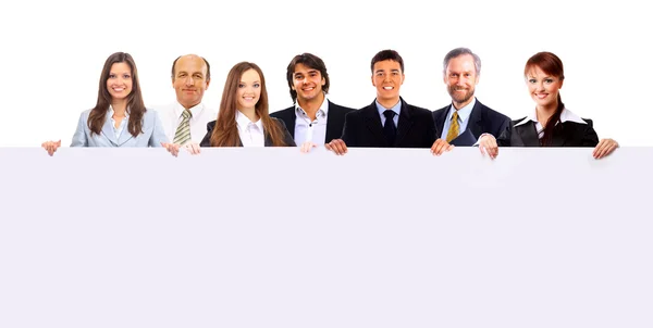 Grupo de negócios segurando um banner anúncio isolado no branco — Fotografia de Stock