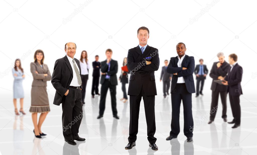 Business man leading a team isolated over a white background
