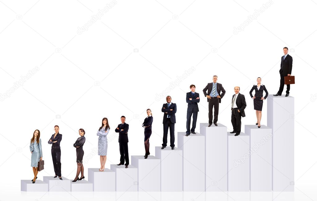 Business team and diagram. Isolated over white background