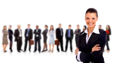 Leader and her team, Young attractive business with focus only on businesswoman in the middle clipart