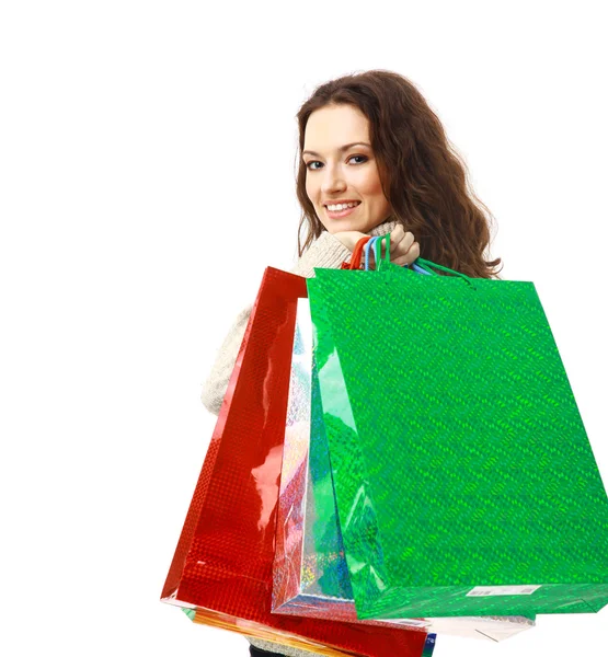 Retrato Uma Jovem Segurando Vários Shoppingbag — Fotografia de Stock