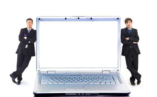 Moderner Laptop Und Zwei Geschäftsleute Isoliert Auf Weißem Hintergrund — Stockfoto