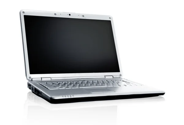 Moderner Laptop Isoliert Auf Weiß Mit Reflexionen Auf Glastisch — Stockfoto