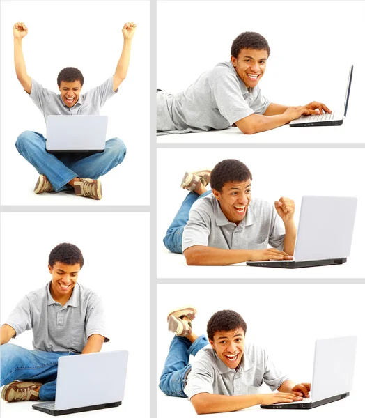快乐工作在一台笔记本电脑 孤立白色背景上的年轻人 — 图库照片