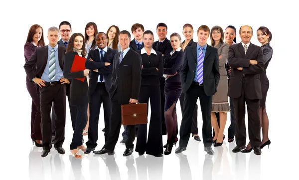 ビジネス チームは白い背景の上に立っている若いビジネスマンの形成 — ストック写真