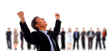 Businessman shouting loudly with his arms widened clipart