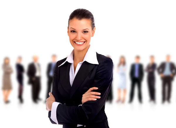 Donna d'affari guida il suo team isolato su uno sfondo bianco — Foto Stock
