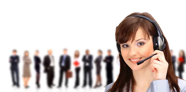Call center operator with headset and business team — Stock Photo, Image