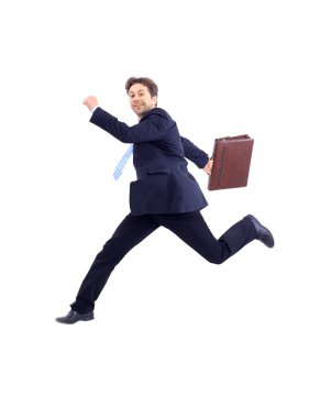 Isolated attractive business man running away from someone clipart