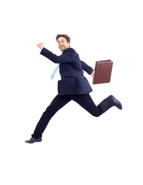 Isolated attractive business man running away from someone — Stock Photo, Image