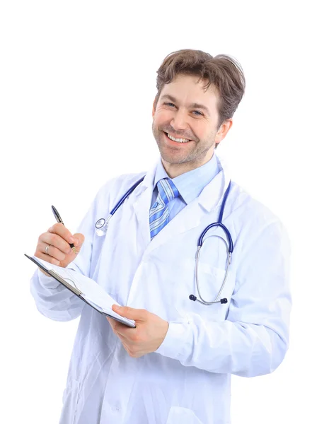 Steteskoplu bir tıp doktoru. Beyaz arkaplan üzerinde izole edilmiş — Stok fotoğraf
