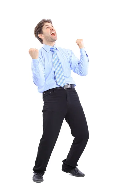 Один дуже щасливий енергійний бізнесмен з піднятими руками — стокове фото