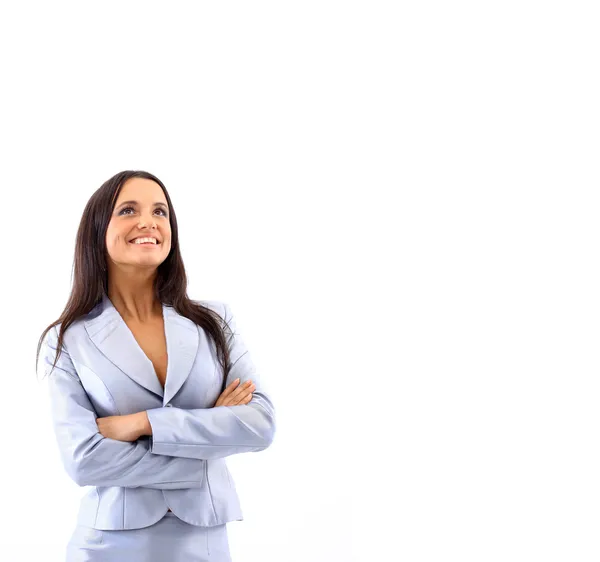 Portrait of a pretty young business woman standing isolated on white backgr — Stock Photo, Image