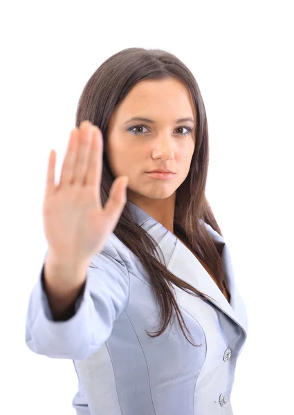Mujer enojada señalando señal de stop, aislada sobre fondo blanco — Foto de Stock