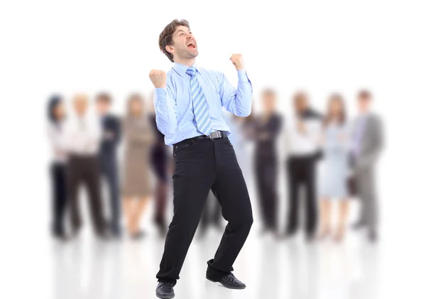 Один очень счастливый энергичный бизнесмен с поднятыми руками — стоковое фото