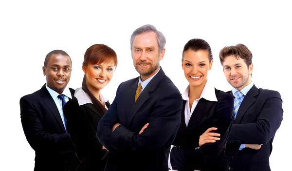 Equipe de negócios e um líder - Homem de negócios maduro com seus colegas no — Fotografia de Stock